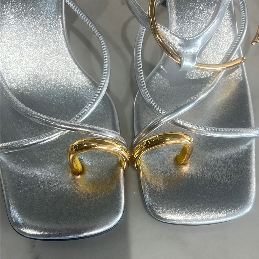 Jeffrey Campbell Silver Metallic Strappy Sandals with Gold Rings - Picture 3 of 5